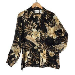Alfred Dunner Womens Shirt Black Tan Floral 12 Woven Fabric Semi Sheer Tropical